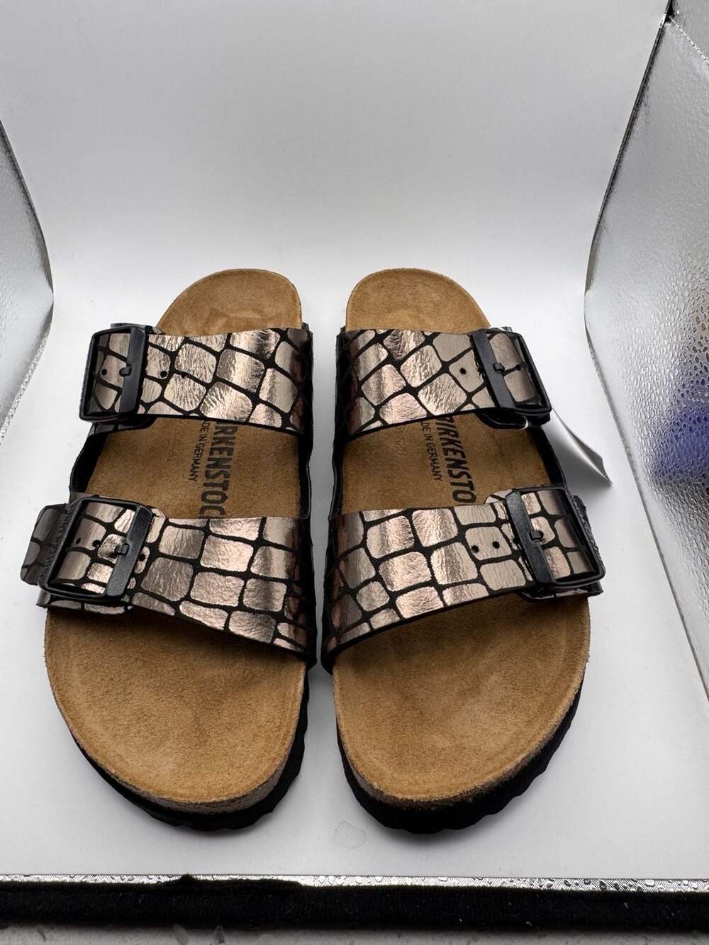 Birkenstock Arizona Shiny Python Copper Embossed Leather Sandals